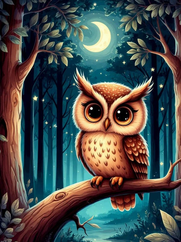 Иллюстрация сова сидит на ветке луна в лесу