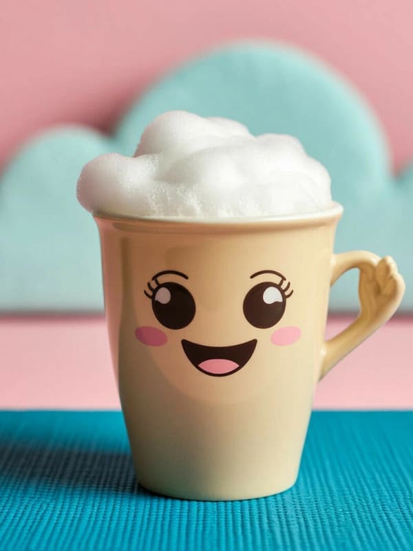 Красивая чашка с кофе с лицом эмоции принт на березовом столе