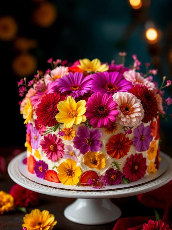 Красивый торт с живыми цветами фотография