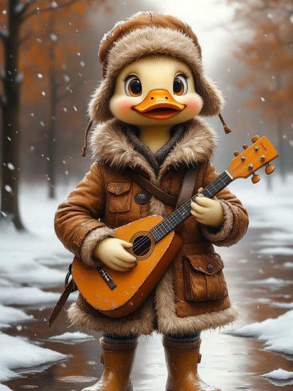 Персонаж утка зимой в шапке с жёлтой гитарой