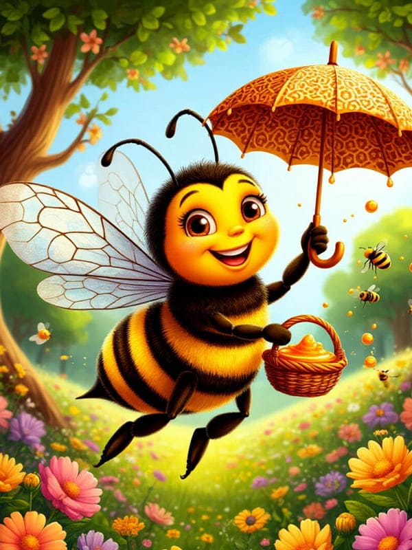 Милая пчела с зонтиком и корзиной с мёдом