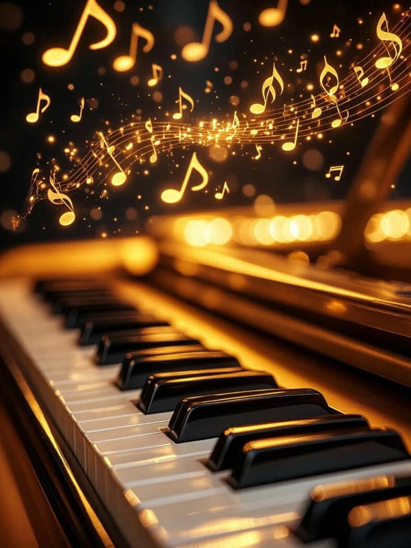 Клавиши на рояли и символы нот летают вокруг