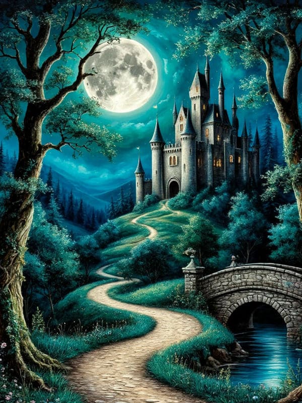 Волшебный замок тропинка и мост на небе большая луна