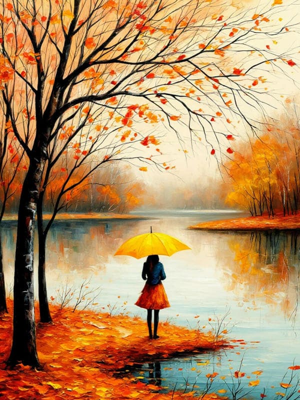 Осенний пейзаж девушка с зонтом у реки