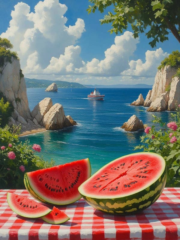 Разрезанный арбуз на фоне синего неба море и корабль в далеке