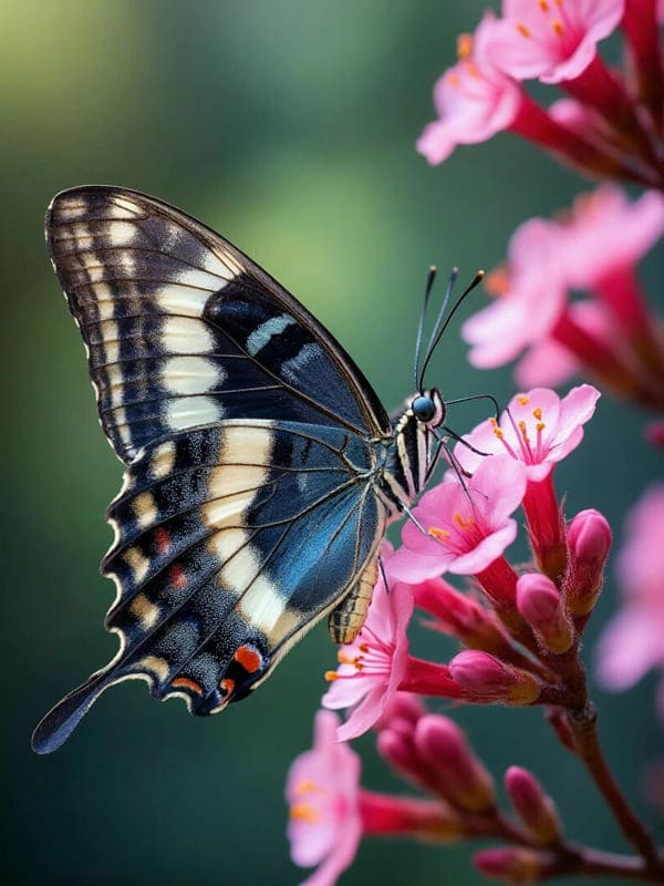 Чёрная бабочка на розовом цветке