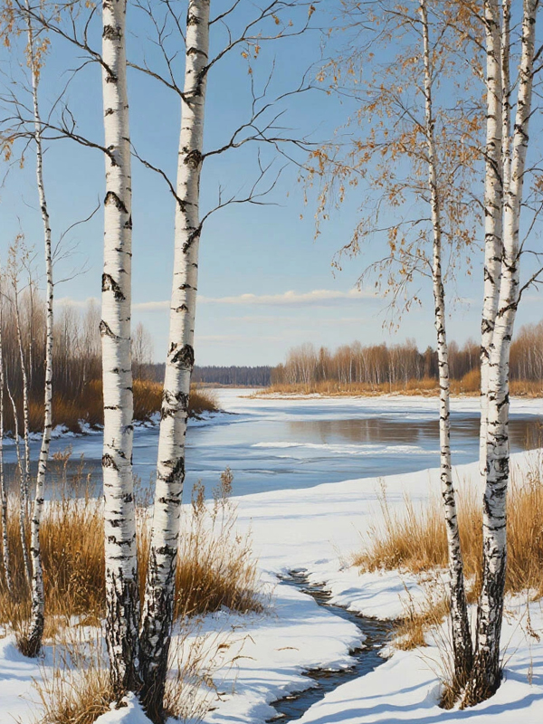 Картина белые берёзы на фоне речки весна тает снег
