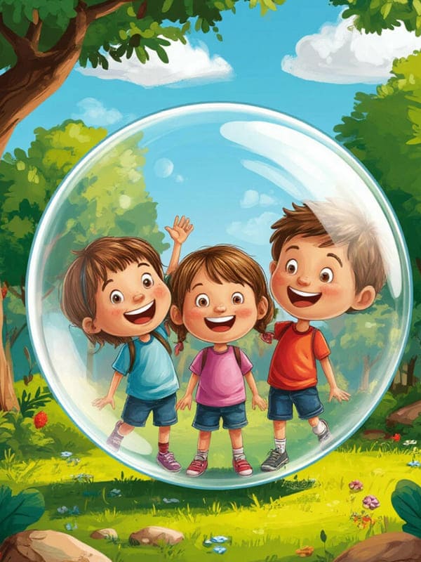 Нарисованные дети на природе в большом воздушном шаре