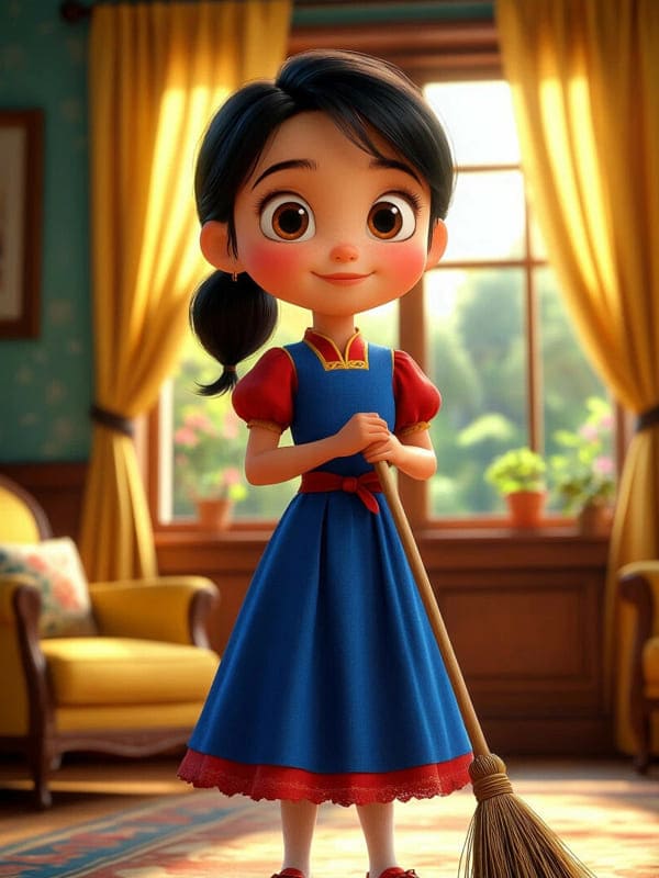 Красивая нарисованная в 3d девочка со шваброй убирается в доме с большим окном