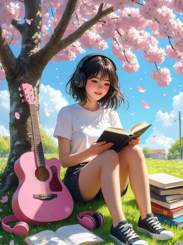 Девушка аниме под деревом розовые цветения читает книгу слушая музыку
