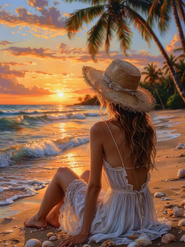 Девушка в шляпке сидит на пляже море и солнце