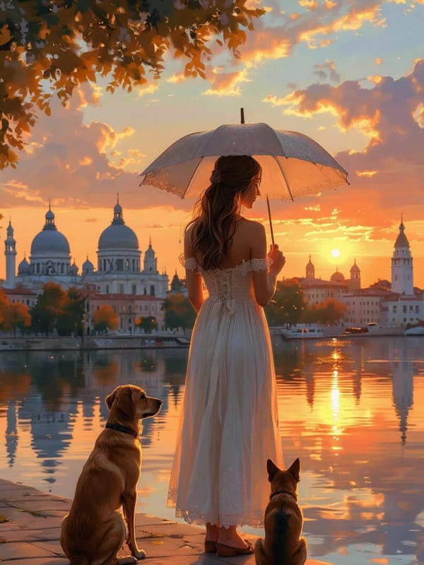 Девушка под зонтом в платье белом рядом собаки у озера