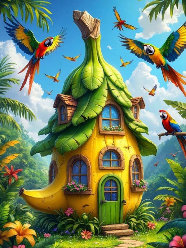 Жёлтый дом в виде банана с окнами летают птицы какаду