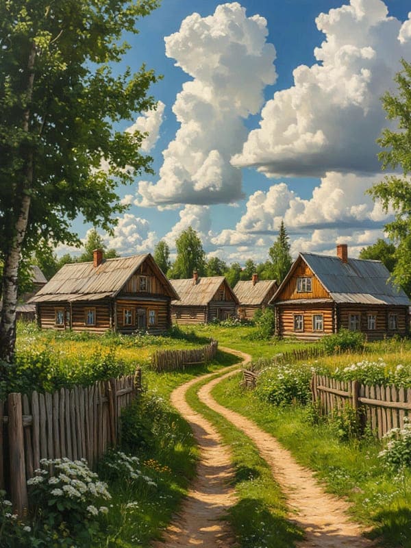 Иллюстрация дорога тропинка в деревню старые дома