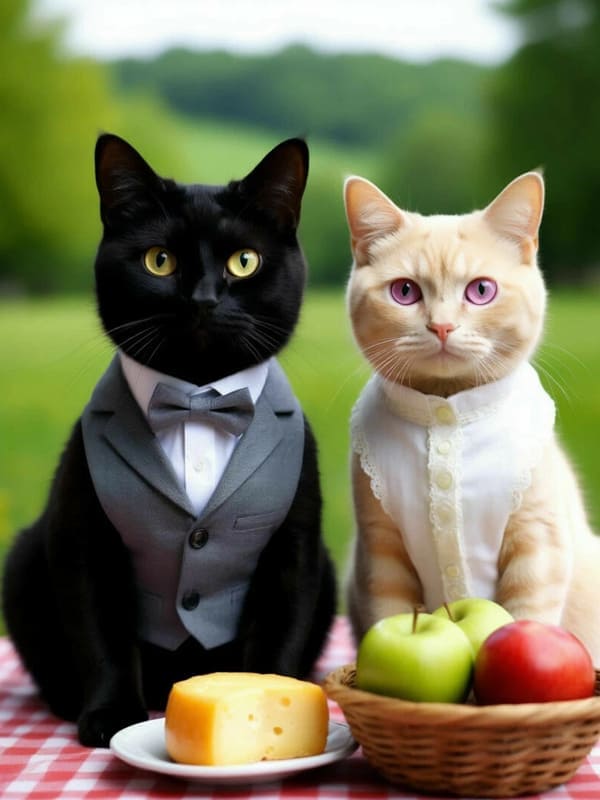 Два котика в одежде сидят на фоне природы сыр и яблоки