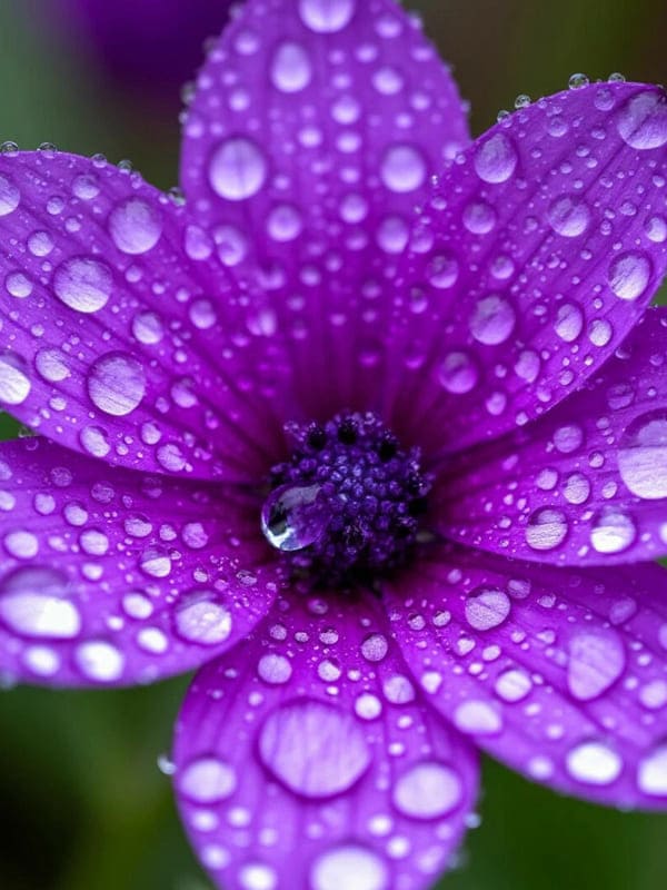 Фиолетовый цветок крупным планом и капли россы