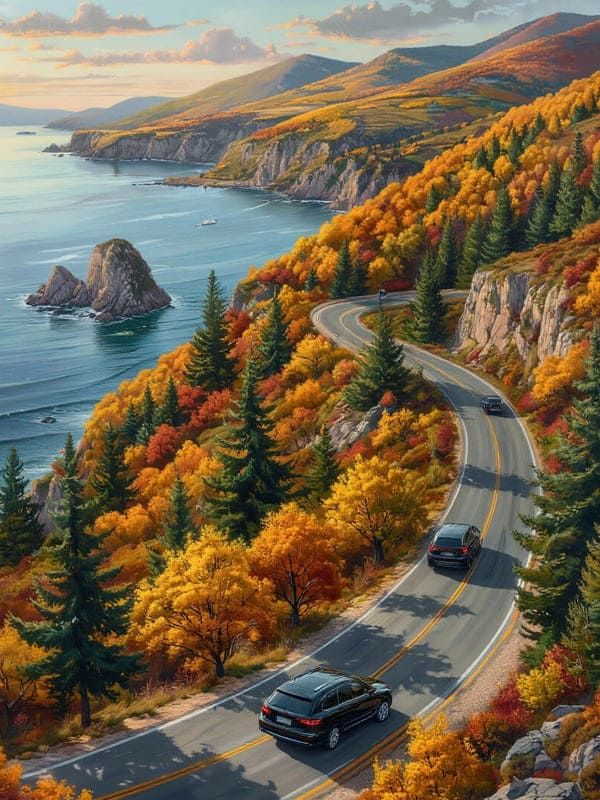 Пейзаж осенью машины едут по горам по дороге