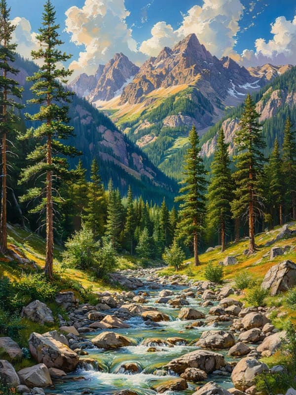 Картинка лето горы рядом ёлки и ручей с камнями иллюстрация
