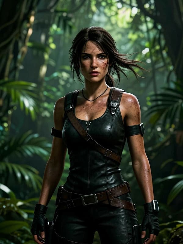Красивая героиня Лара Крофт в кожаном костюме среди джунглей