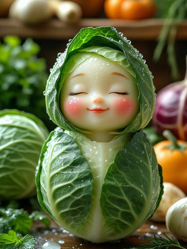 Персонаж белокочанная капуста девочка красные щеки и губы закрытые глаза