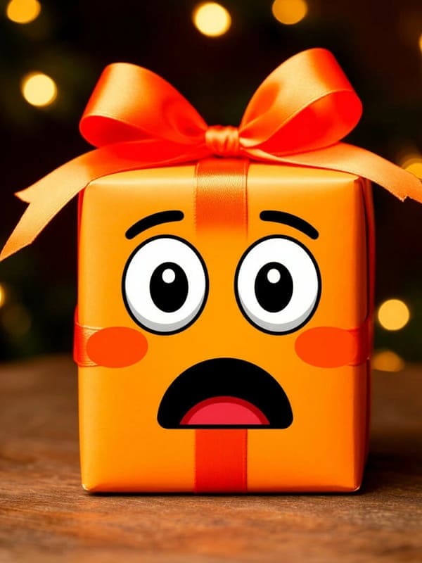 Красивая оранжевая коробка с бантом и лицом удивлённая