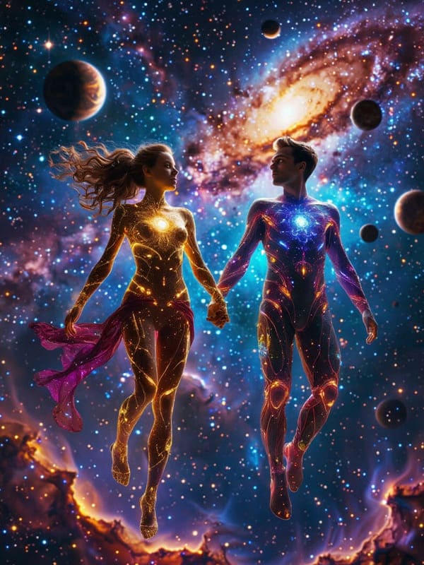 Девушка и парень держаться за руки летят на фоне космоса звезды и сияние