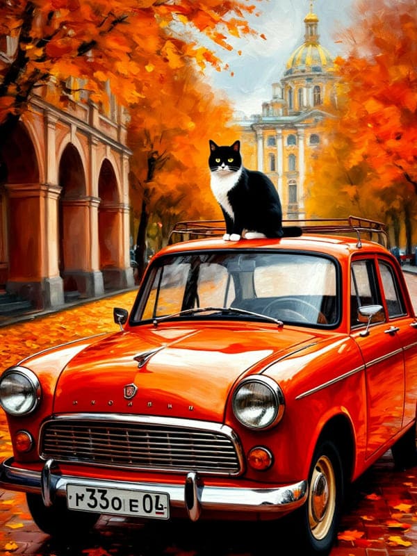 Чёрный кот сидит на оранжевом автомобиле в городе осенью