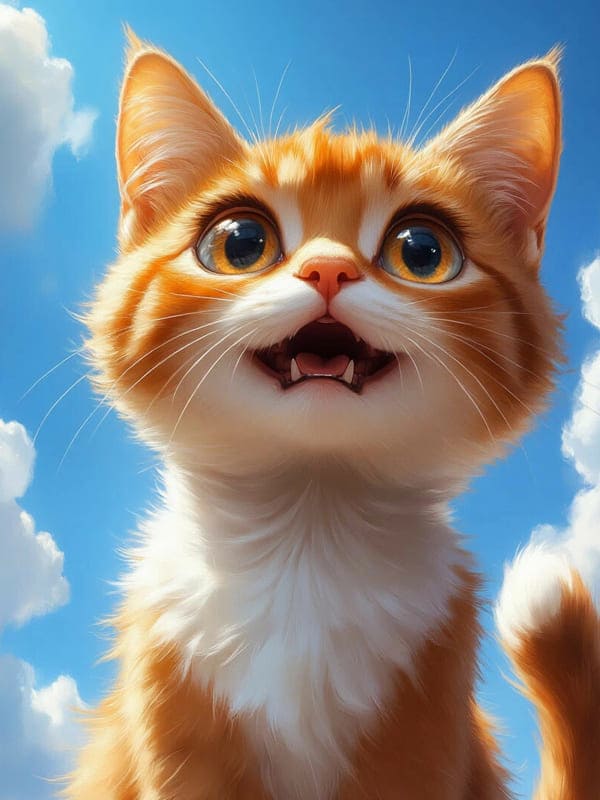 Рыжий котик улыбается на фоне синего неба с облаками