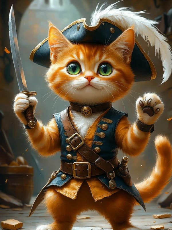 Рыжий котик иллюстрация с клинком и шляпе с пером мушкетёр наверное