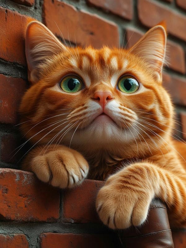 Красивый рыжий кот лежит возле стены