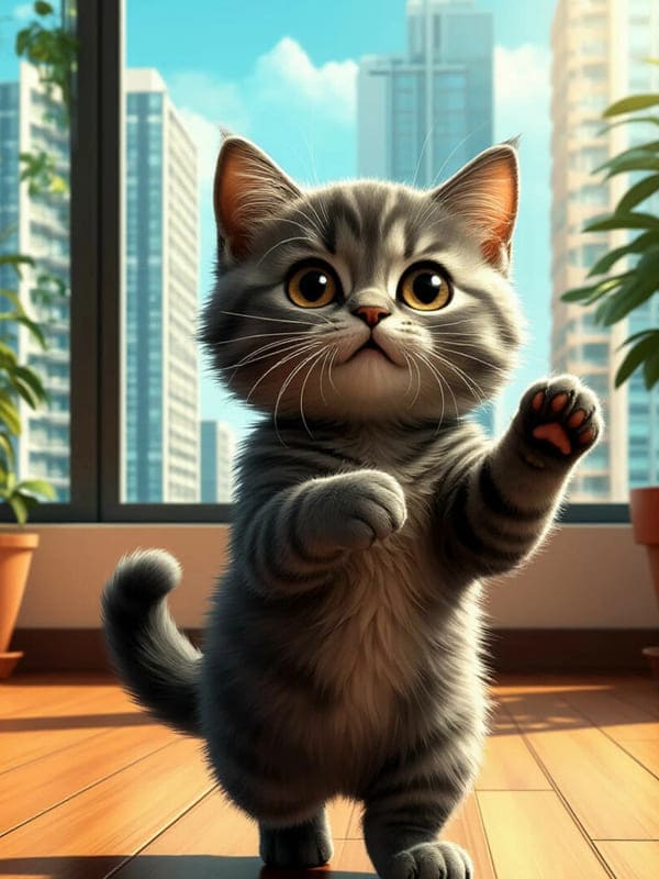 Карикатуру кот танцует лапками полосатый серый перед окном
