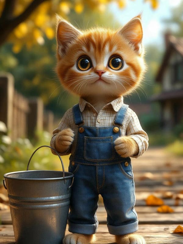 Рыжий котик с ведром на фоне деревни пейзаж