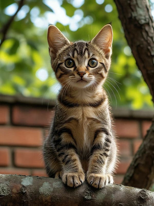 Котёнок на ветке полосатый сидит