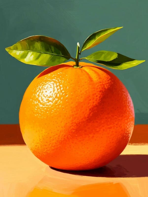 Большой сочный оранжевый апельсин на столе акварель