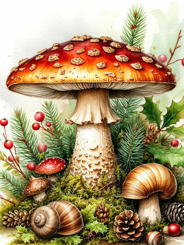Большой мухомор нарисованный карикатура с ёлками как в книге
