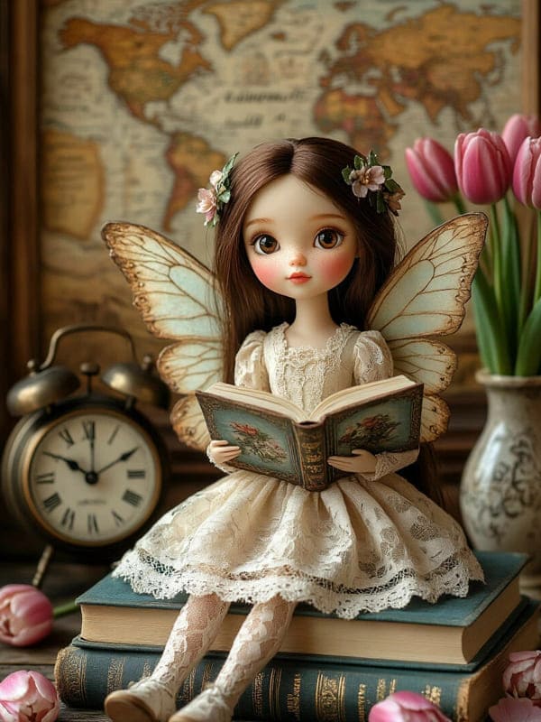 Куколка с крыльями читает мини книгу сидя на книгах