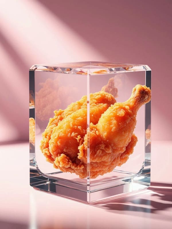 Жаренная курочка в панировки в стеклянном кубе на розовом фоне