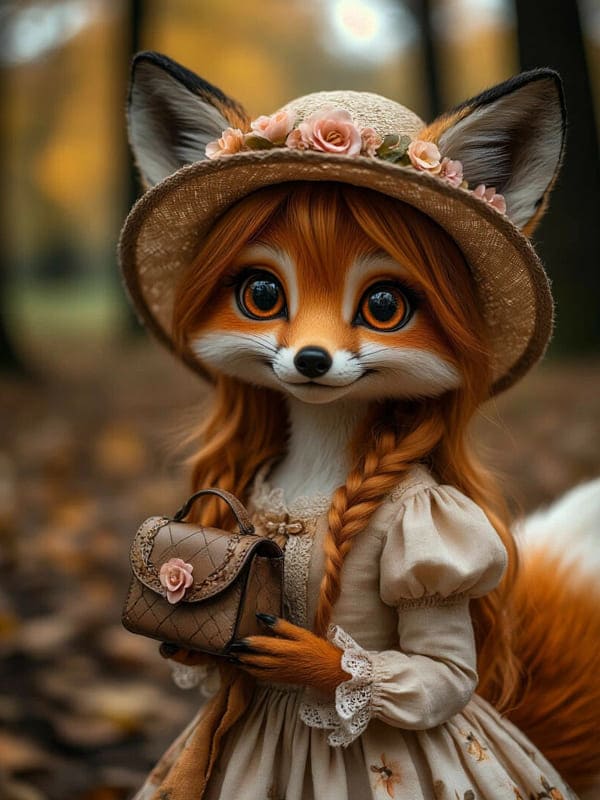 Красивая лисичка игрушка в шляпе в платье локоны коса в лесу стоит