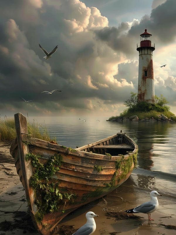 Старая лодка у берега лодка и маяк в далеке ржавый