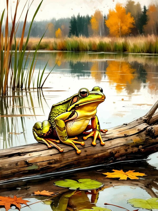 Лягушка в озере плывёт на дереве камыши осень карикатура