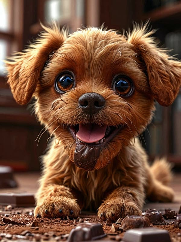 Милый пёс щенок улыбается сьел шоколадку которую ельзя