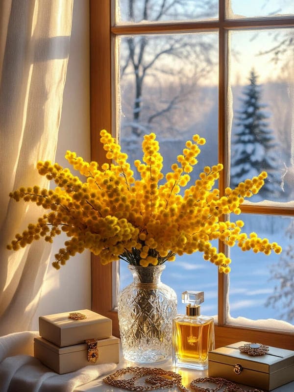 Букет цветов мимоза жёлтая подарки на подоконнике и флакон с духами