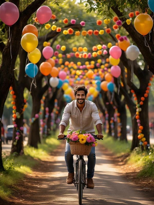 Мужчина едет на велосипеде по аллею воздушные шары
