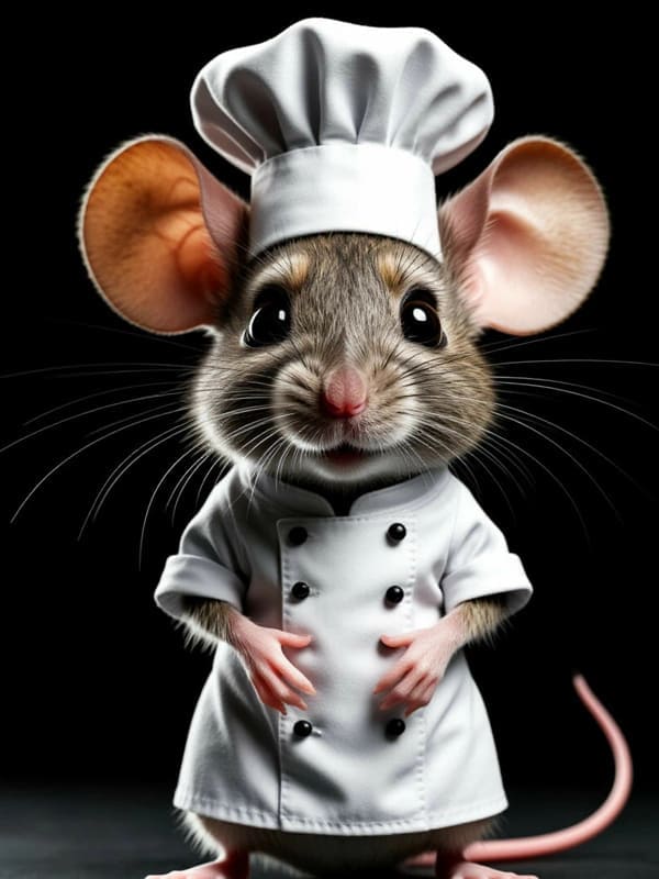 На чёрном фоне мышонок в колпаке повар