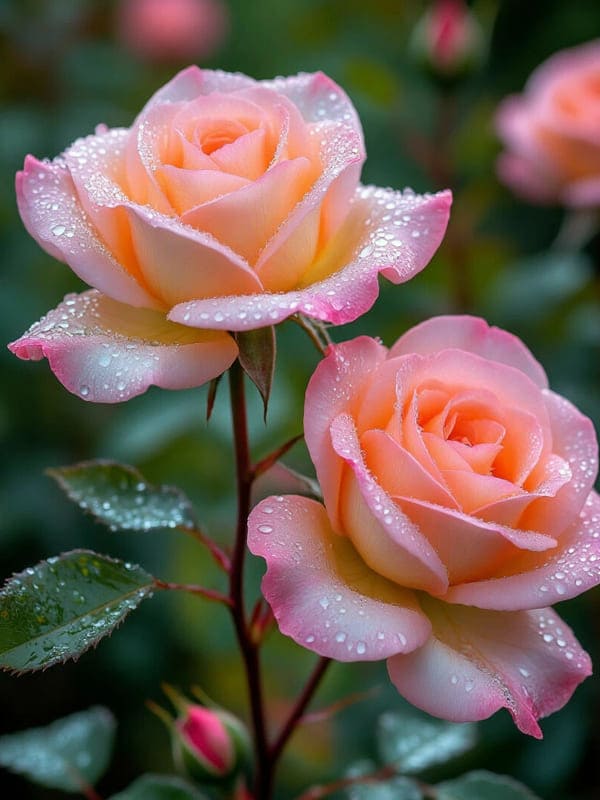 Две нежные розы розового цвета утром капли росы