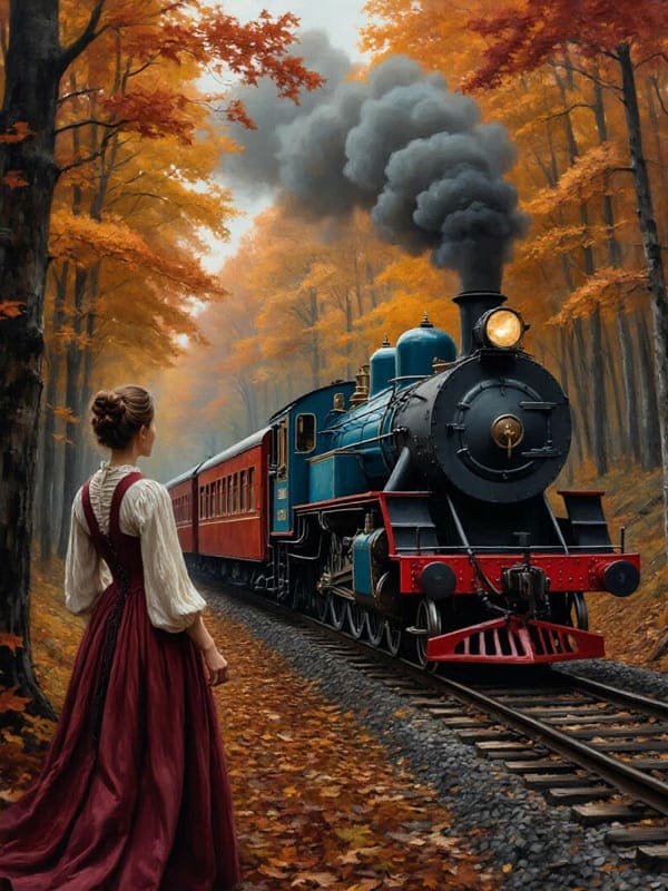 Осенью едет через лес поезд дым и рядом стоит девушка в сарафане