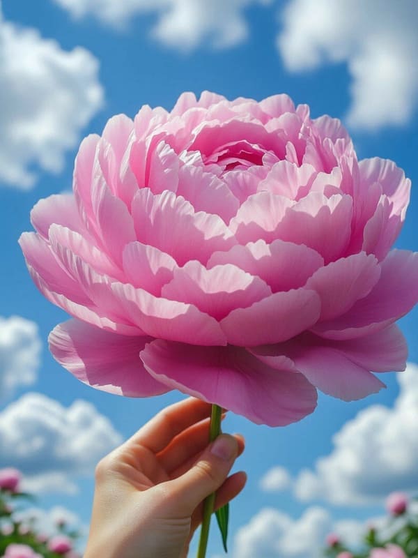 Розовый большой пион в женских руках в поле