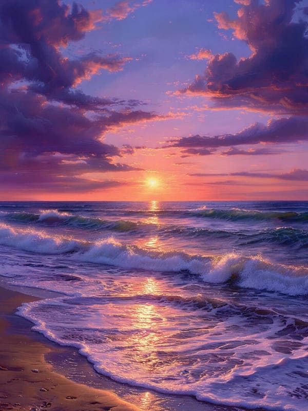 Красивый фиолетовый закат волны моря и пляж с солнцем