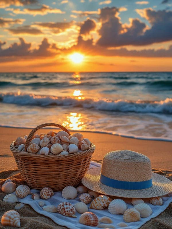 Закат и пляж на море корзинка с ракушками и шляпка на песке