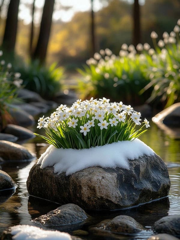 Фото подснежники на снегу на камне выросли среди ручья